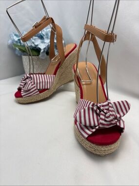 Nautica Women’s 6 Red & Tan Striped‎ Bow Wedge Sandals #386